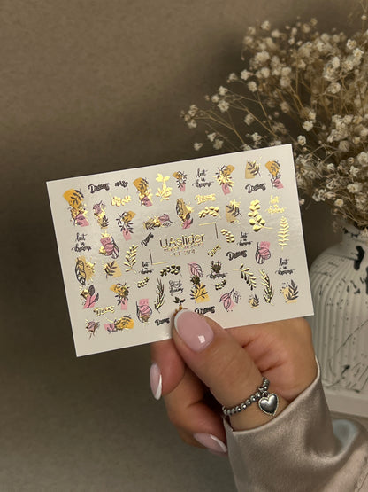 Nail Water Decal CF-274 | Botanical Water Slide Nail Decals | Leaves, Gold Accents & Dream Quotes