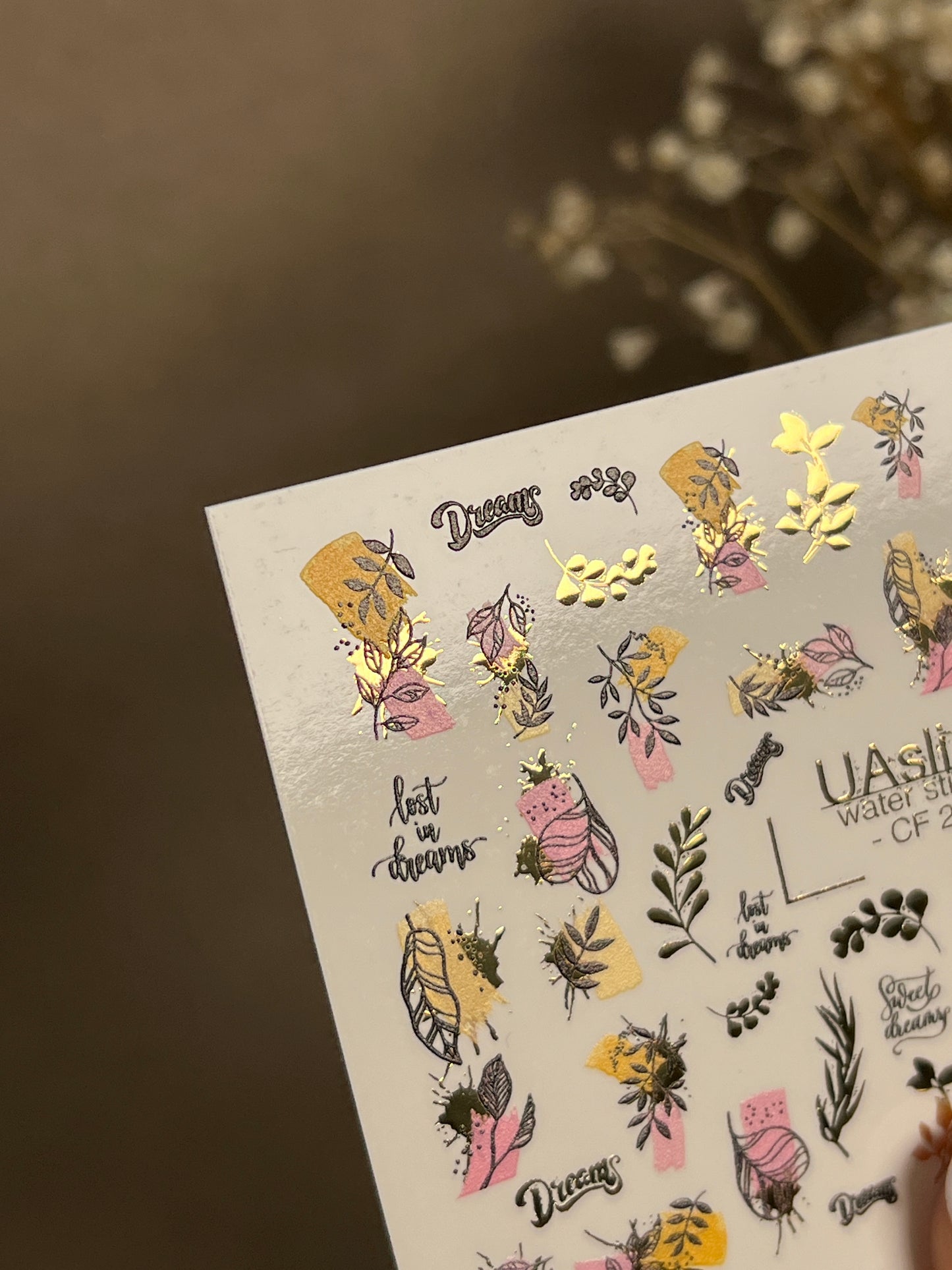 Nail Water Decal CF-274 | Botanical Water Slide Nail Decals | Leaves, Gold Accents & Dream Quotes