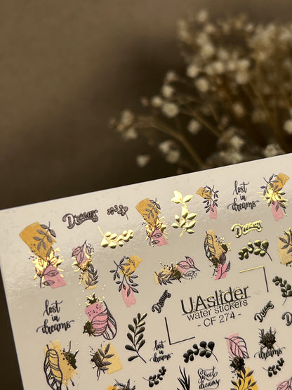 Nail Water Decal CF-274 | Botanical Water Slide Nail Decals | Leaves, Gold Accents & Dream Quotes