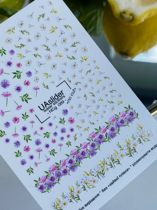 Nail Water Decal NCg-089 | Water Slide Nail Decals Daisies and Asters | Wildflower Floral Borders