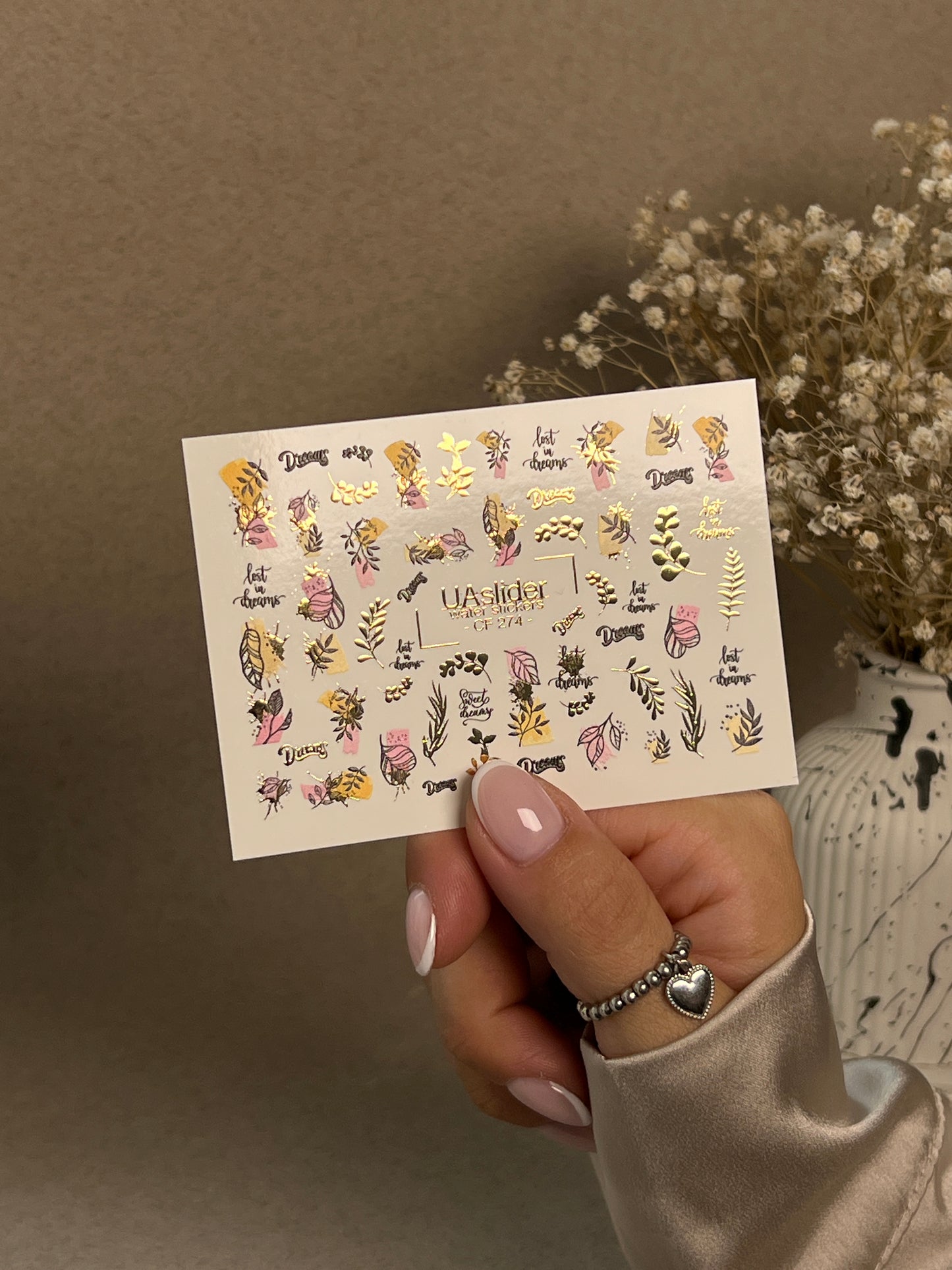 Nail Water Decal CF-274 | Botanical Water Slide Nail Decals | Leaves, Gold Accents & Dream Quotes