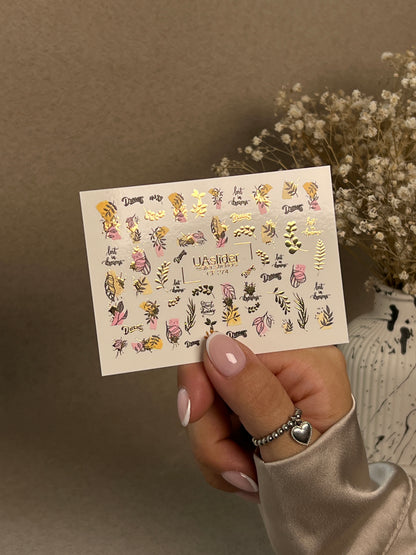 Nail Water Decal CF-274 | Botanical Water Slide Nail Decals | Leaves, Gold Accents & Dream Quotes