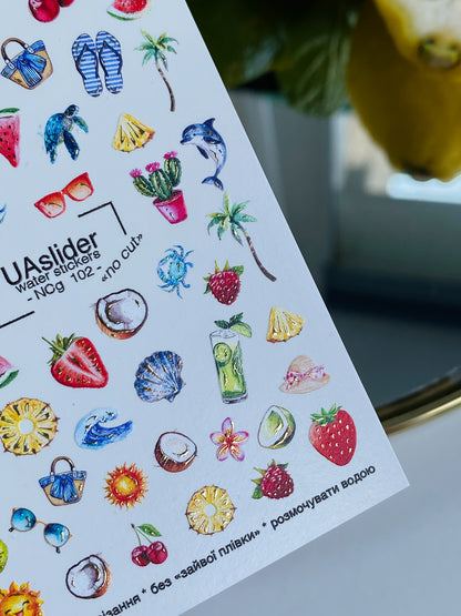 Nail Water Decal NCg-102 | Water Slide Nail Decals Tropical Summer | Fruit Nail Water Decals with Beach Vibes