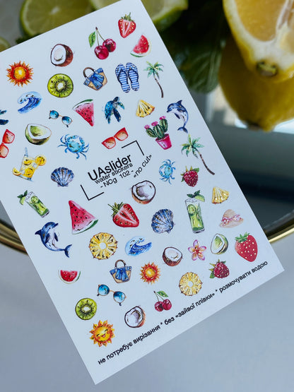 Nail Water Decal NCg-102 | Water Slide Nail Decals Tropical Summer | Fruit Nail Water Decals with Beach Vibes