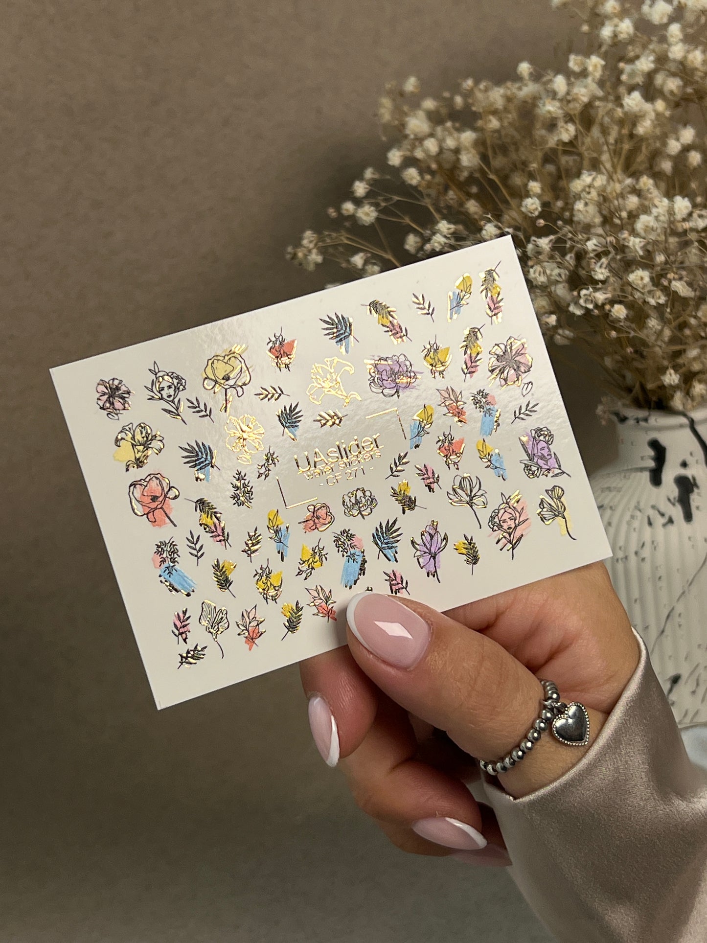 Nail Water Decal CF-271 | Floral Water Slide Nail Decals | Colorful Flowers & Gold Foil Accents