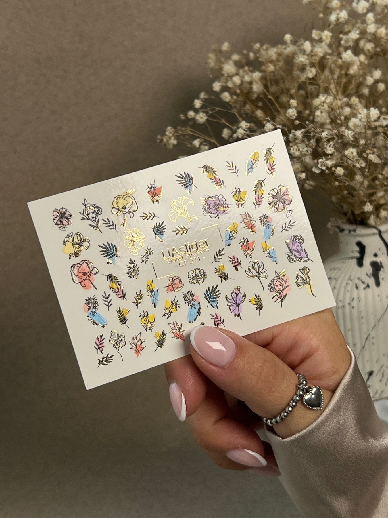 Nail Water Decal CF-271 | Floral Water Slide Nail Decals | Colorful Flowers & Gold Foil Accents - UASLIDER