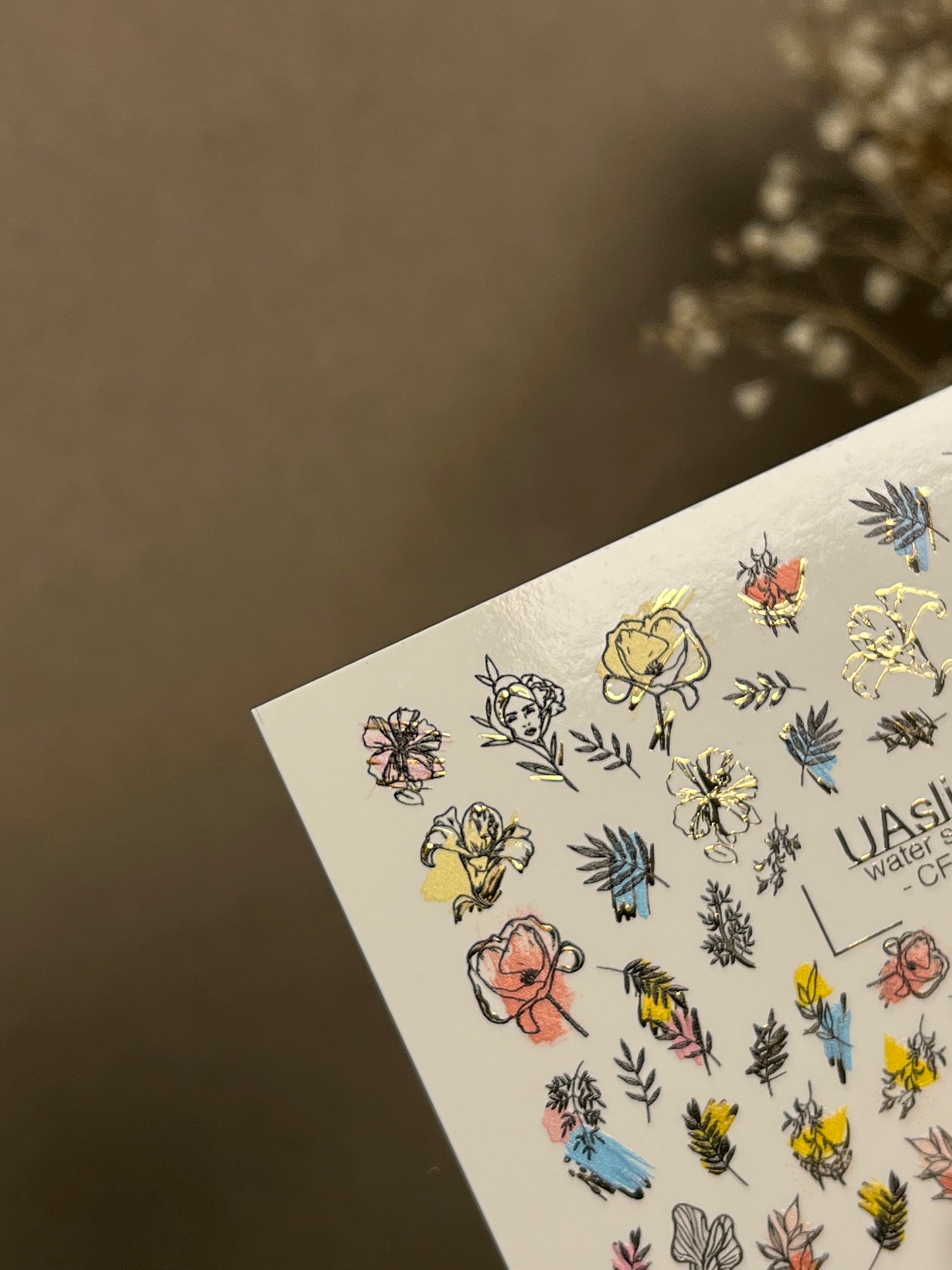 Nail Water Decal CF-271 | Floral Water Slide Nail Decals | Colorful Flowers & Gold Foil Accents