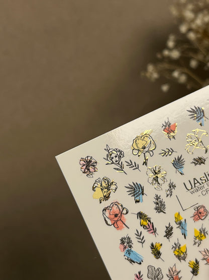 Nail Water Decal CF-271 | Floral Water Slide Nail Decals | Colorful Flowers & Gold Foil Accents