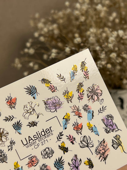 Nail Water Decal CF-271 | Floral Water Slide Nail Decals | Colorful Flowers & Gold Foil Accents