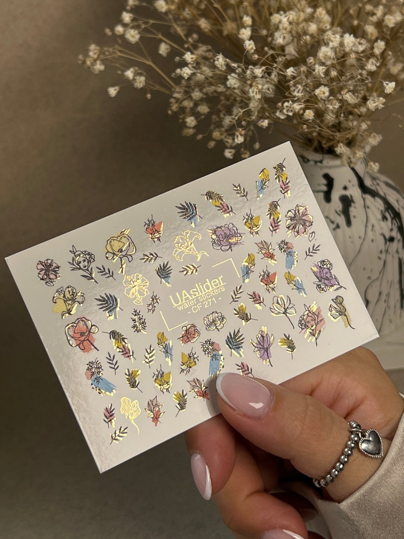Nail Water Decal CF-271 | Floral Water Slide Nail Decals | Colorful Flowers & Gold Foil Accents - UASLIDER