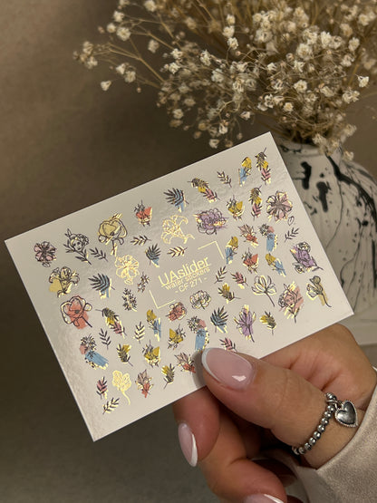 Nail Water Decal CF-271 | Floral Water Slide Nail Decals | Colorful Flowers & Gold Foil Accents