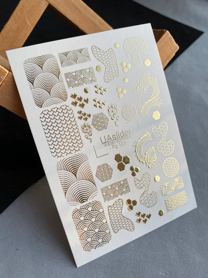 Nail Water Decal Fg-123 | Water Slide Nail Decals with Gold Asian Patterns & Dragon | Oriental Style