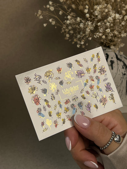 Nail Water Decal CF-271 | Floral Water Slide Nail Decals | Colorful Flowers & Gold Foil Accents