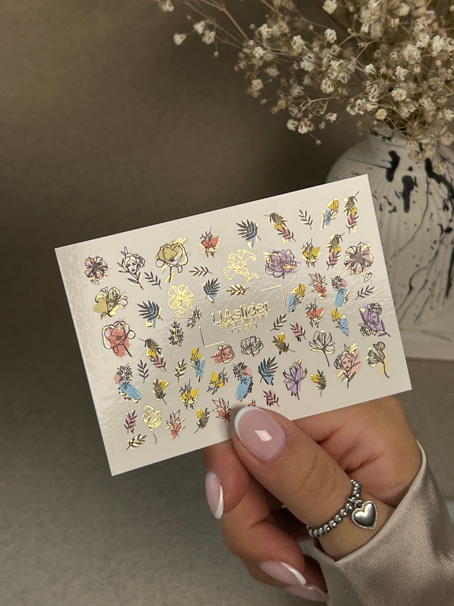 Nail Water Decal CF-271 | Floral Water Slide Nail Decals | Colorful Flowers & Gold Foil Accents