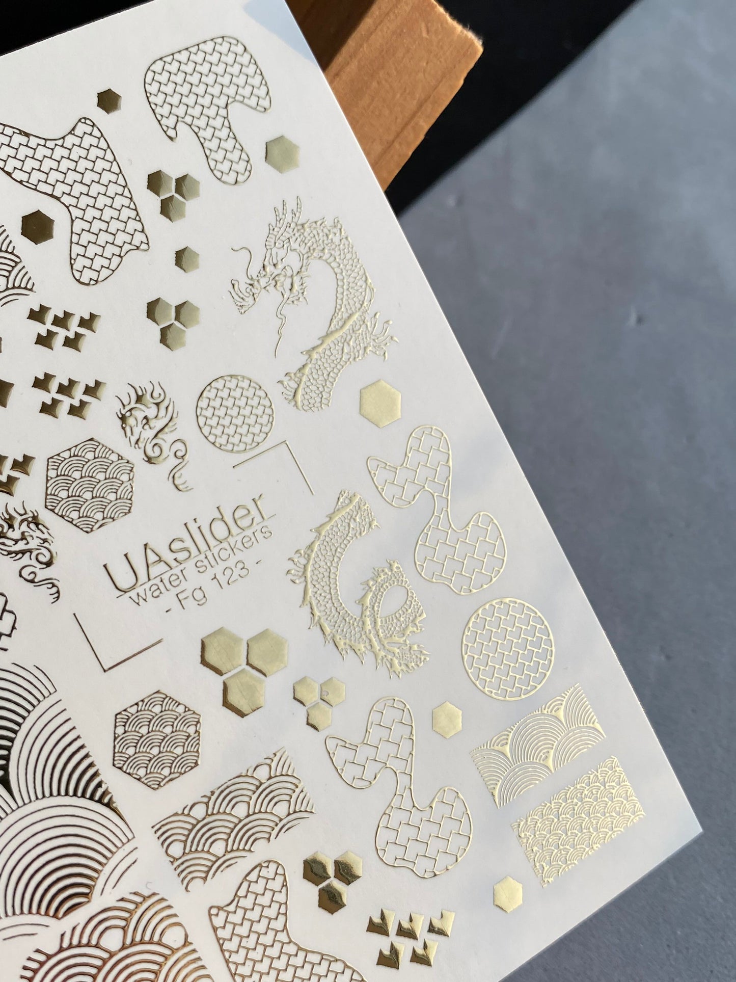 Nail Water Decal Fg-123 | Water Slide Nail Decals with Gold Asian Patterns & Dragon | Oriental Style