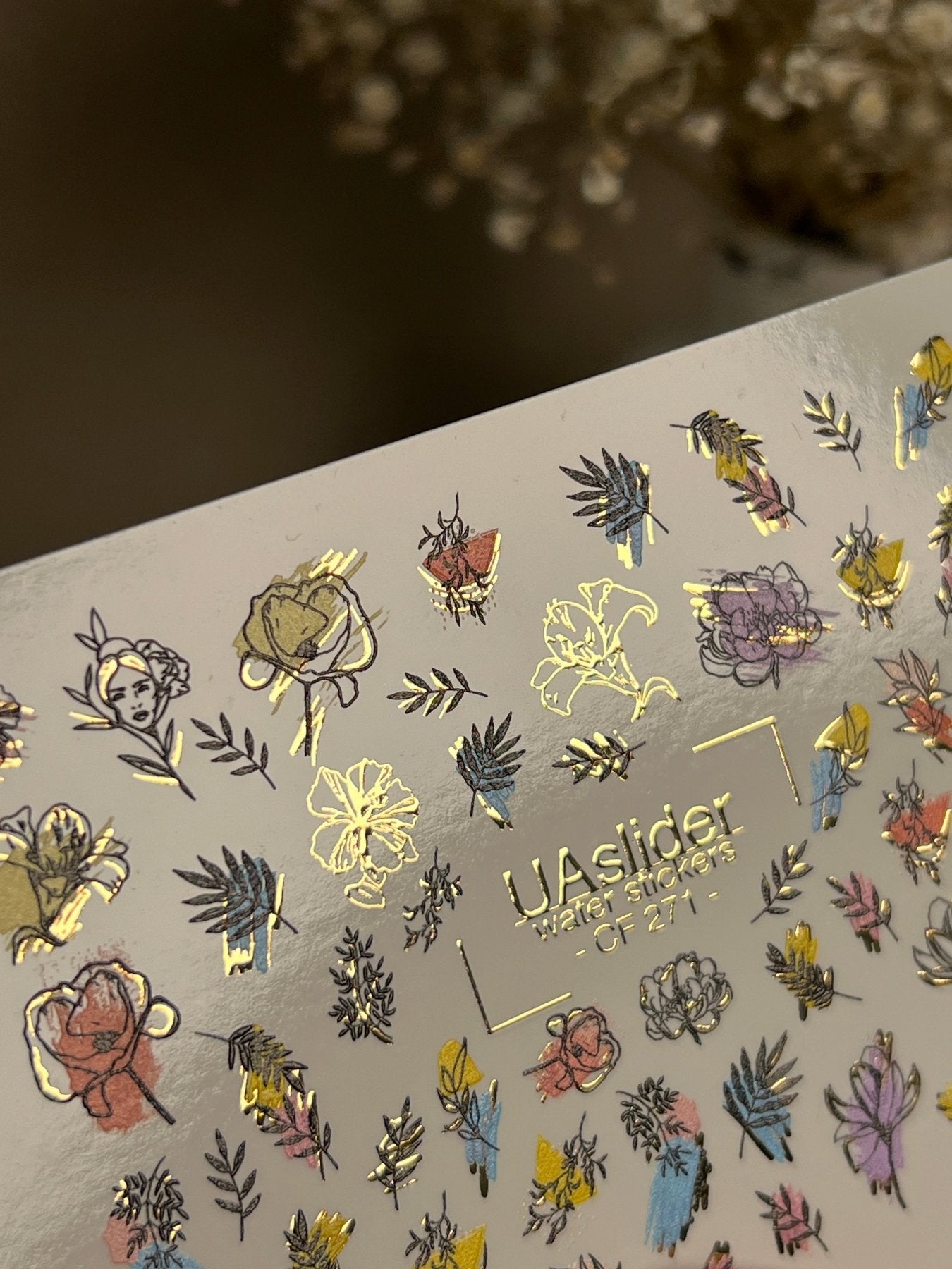 Nail Water Decal CF-271 | Floral Water Slide Nail Decals | Colorful Flowers & Gold Foil Accents - UASLIDER