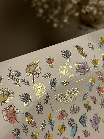 Nail Water Decal CF-271 | Floral Water Slide Nail Decals | Colorful Flowers & Gold Foil Accents