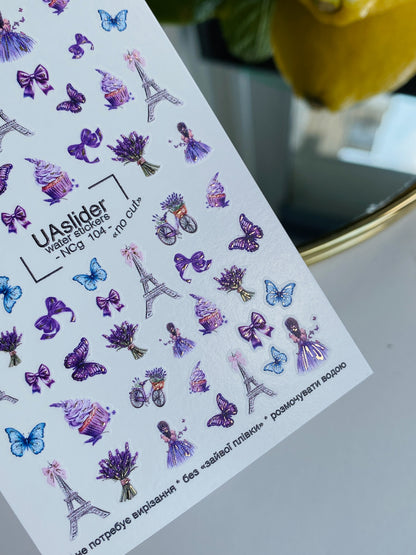 Nail Water Decal NCg-104 | Water Slide Nail Decals Lavender Paris | Nail Water Decals Eiffel Tower & Butterflies