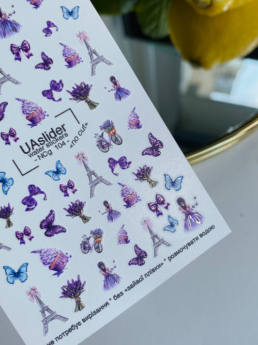 Nail Water Decal NCg-104 | Water Slide Nail Decals Lavender Paris | Nail Water Decals Eiffel Tower & Butterflies