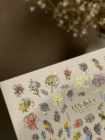 Nail Water Decal CF-271 | Floral Water Slide Nail Decals | Colorful Flowers & Gold Foil Accents - UASLIDER