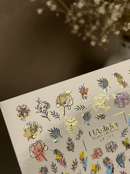Nail Water Decal CF-271 | Floral Water Slide Nail Decals | Colorful Flowers & Gold Foil Accents