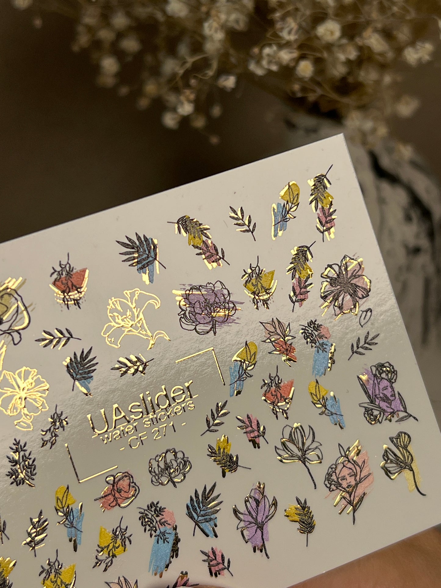 Nail Water Decal CF-271 | Floral Water Slide Nail Decals | Colorful Flowers & Gold Foil Accents