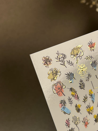 Nail Water Decal CF-271 | Floral Water Slide Nail Decals | Colorful Flowers & Gold Foil Accents