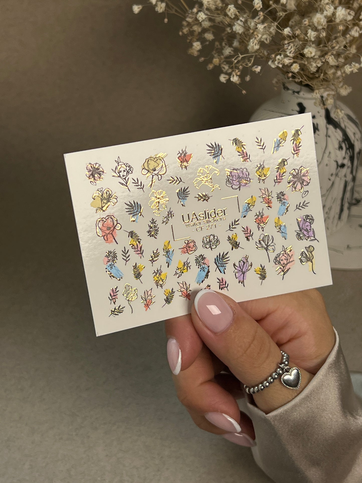 Nail Water Decal CF-271 | Floral Water Slide Nail Decals | Colorful Flowers & Gold Foil Accents