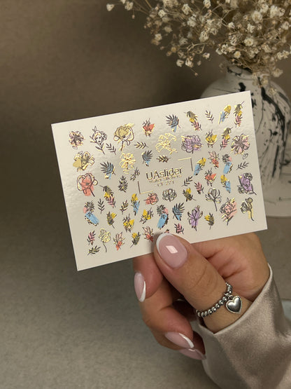 Nail Water Decal CF-271 | Floral Water Slide Nail Decals | Colorful Flowers & Gold Foil Accents