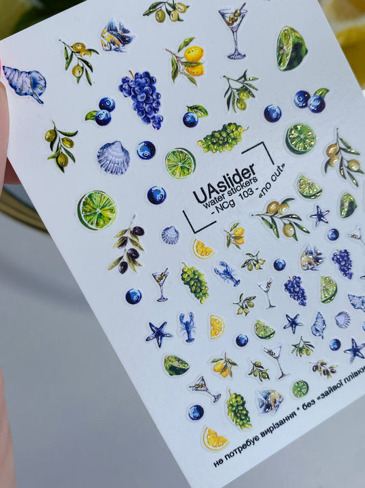 Nail Water Decal NCg-103 | Water Slide Nail Decals Grapes & Olives | Mediterranean Nail Water Decals