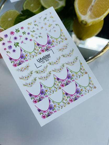 Nail Water Decal CF-602 | Water Decals for Nails | Colorful Floral French Tips with Daisies & Wildflowers