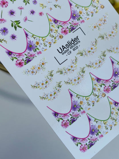 Nail Water Decal CF-602 | Water Decals for Nails | Colorful Floral French Tips with Daisies & Wildflowers