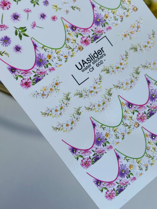 Nail Water Decal CF-602 | Water Decals for Nails | Colorful Floral French Tips with Daisies & Wildflowers