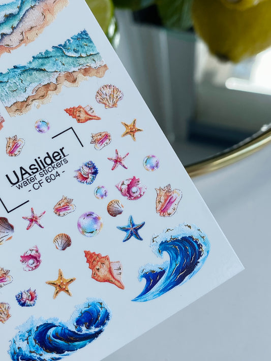Nail Water Decal CF-604 | Water Decals for Nails | Sea Waves & Shells – Ocean Beach Design