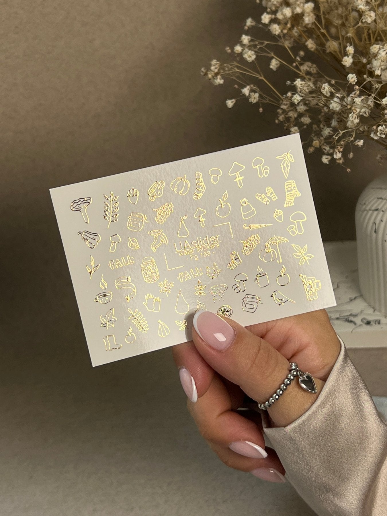 Nail Water Decal Fg-168 | Gold Foil Water Slide Nail Decals | Cozy Autumn & Fall Elements - UASLIDER
