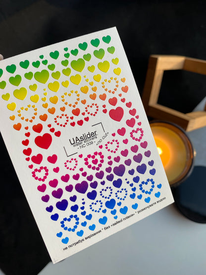 Nail Water Decal NC-009 | Water Slide Nail Decals Rainbow Hearts | Colorful Gradient Love