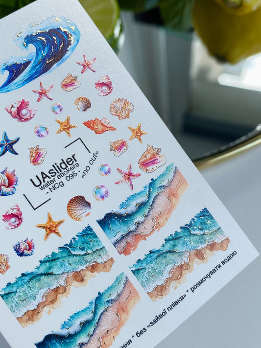 Nail Water Decal NCg-095 | Water Slide Nail Decals Ocean Waves and Seashells | Beach Nail Art
