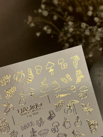 Nagel Wasserabziehbild Fg-168 | Goldfolie Wasserabzieh-Nagelaufkleber | Gemütliche Herbst- & Herbstmotive