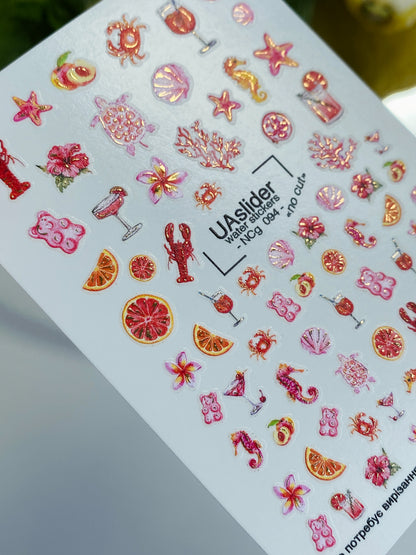 Nail Water Decal NCg-094 | Water Slide Nail Decals Tropical Sea Style | Fruits, Corals and Cocktails