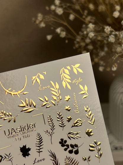 Köröm víz matrica Fg-166 | Arany fólia vízcsúsztatós köröm matricák | Őszi levelek és botanikai díszítések