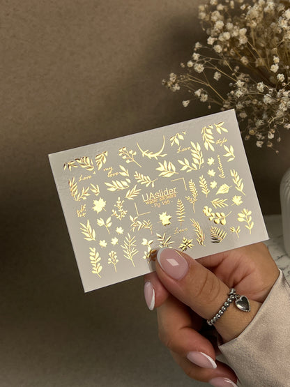 Köröm víz matrica Fg-166 | Arany fólia vízcsúsztatós köröm matricák | Őszi levelek és botanikai díszítések