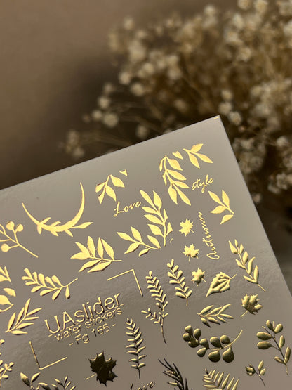 Köröm víz matrica Fg-166 | Arany fólia vízcsúsztatós köröm matricák | Őszi levelek és botanikai díszítések