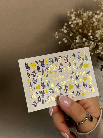 Nail Water Decal CF-256 | Botanical Water Slide Nail Decals | Yellow, Green & Blue Leaves with Gold Foil