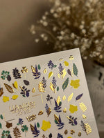 Nail Water Decal CF-256 | Botanical Water Slide Nail Decals | Yellow, Green & Blue Leaves with Gold Foil - UASLIDER