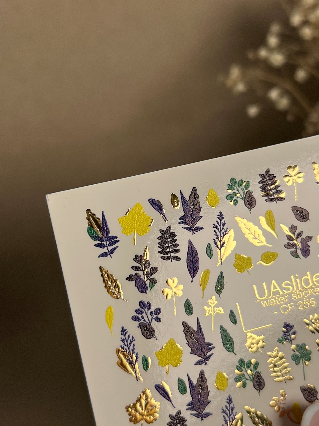 Nail Water Decal CF-256 | Botanical Water Slide Nail Decals | Yellow, Green & Blue Leaves with Gold Foil - UASLIDER