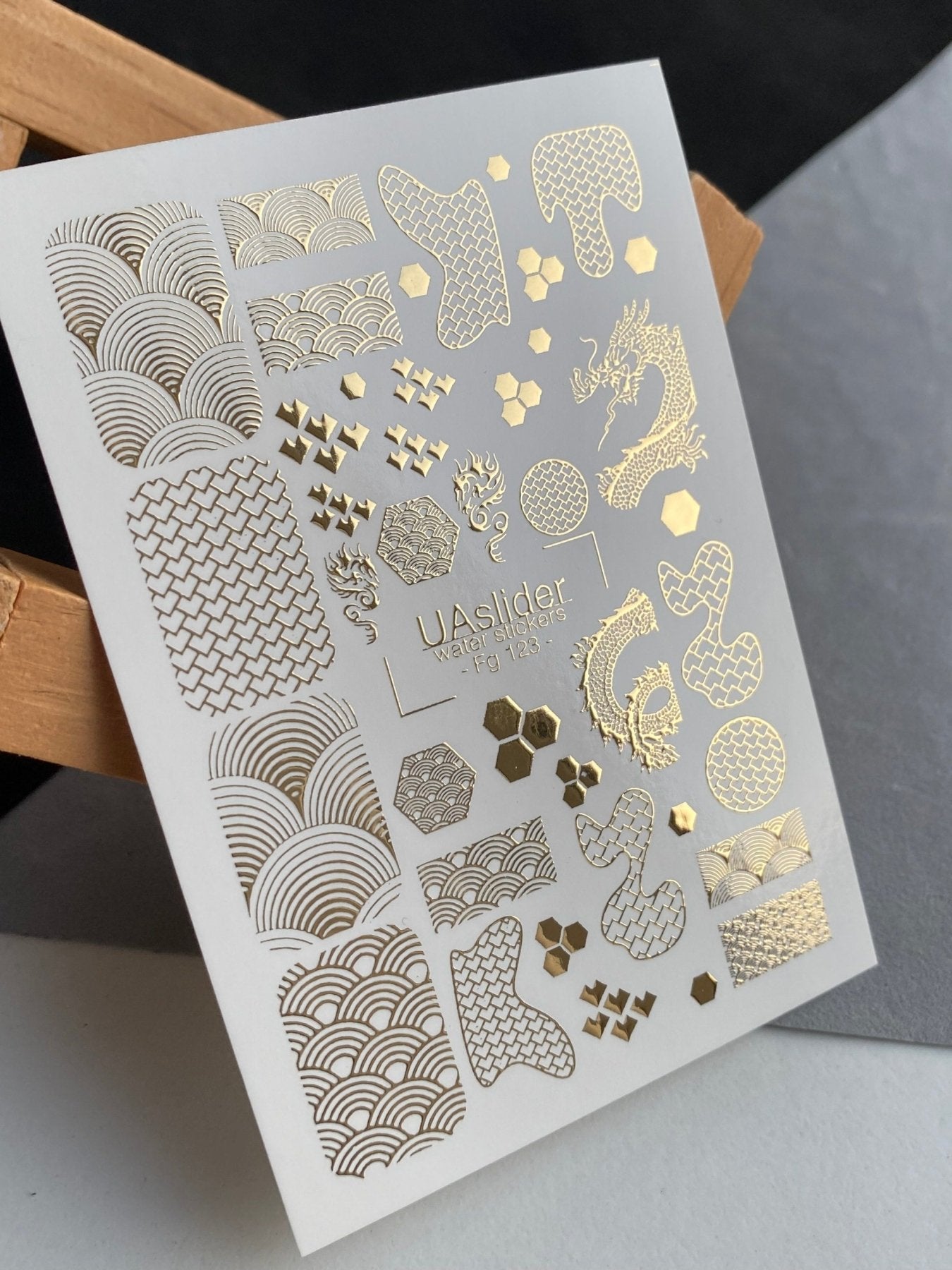 Nail Water Decal Fg-123 | Water Slide Nail Decals with Gold Asian Patterns & Dragon | Oriental Style - UASLIDER