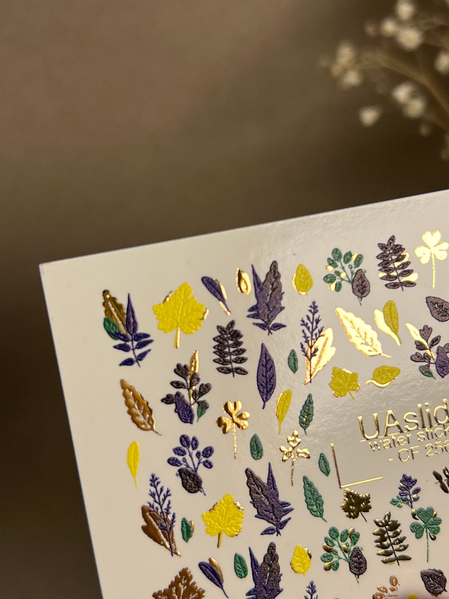 Nail Water Decal CF-256 | Botanical Water Slide Nail Decals | Yellow, Green & Blue Leaves with Gold Foil