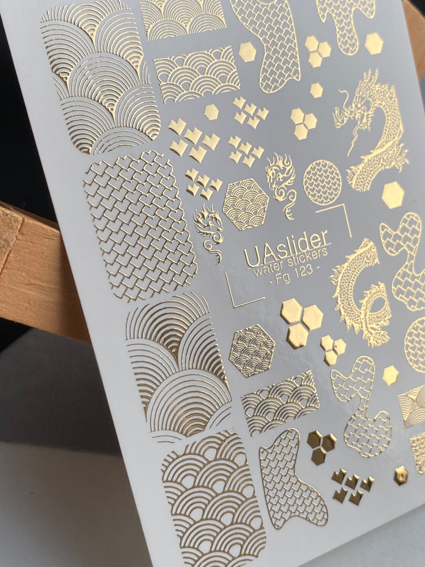 Nail Water Decal Fg-123 | Water Slide Nail Decals with Gold Asian Patterns & Dragon | Oriental Style