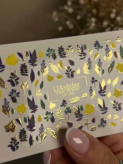 Nail Water Decal CF-256 | Botanical Water Slide Nail Decals | Yellow, Green & Blue Leaves with Gold Foil