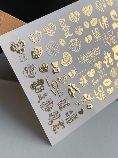 Nail Water Decal Fg-124 | Water Slide Nail Decals with Gold Hearts & Love Quotes | Romantic Valentine